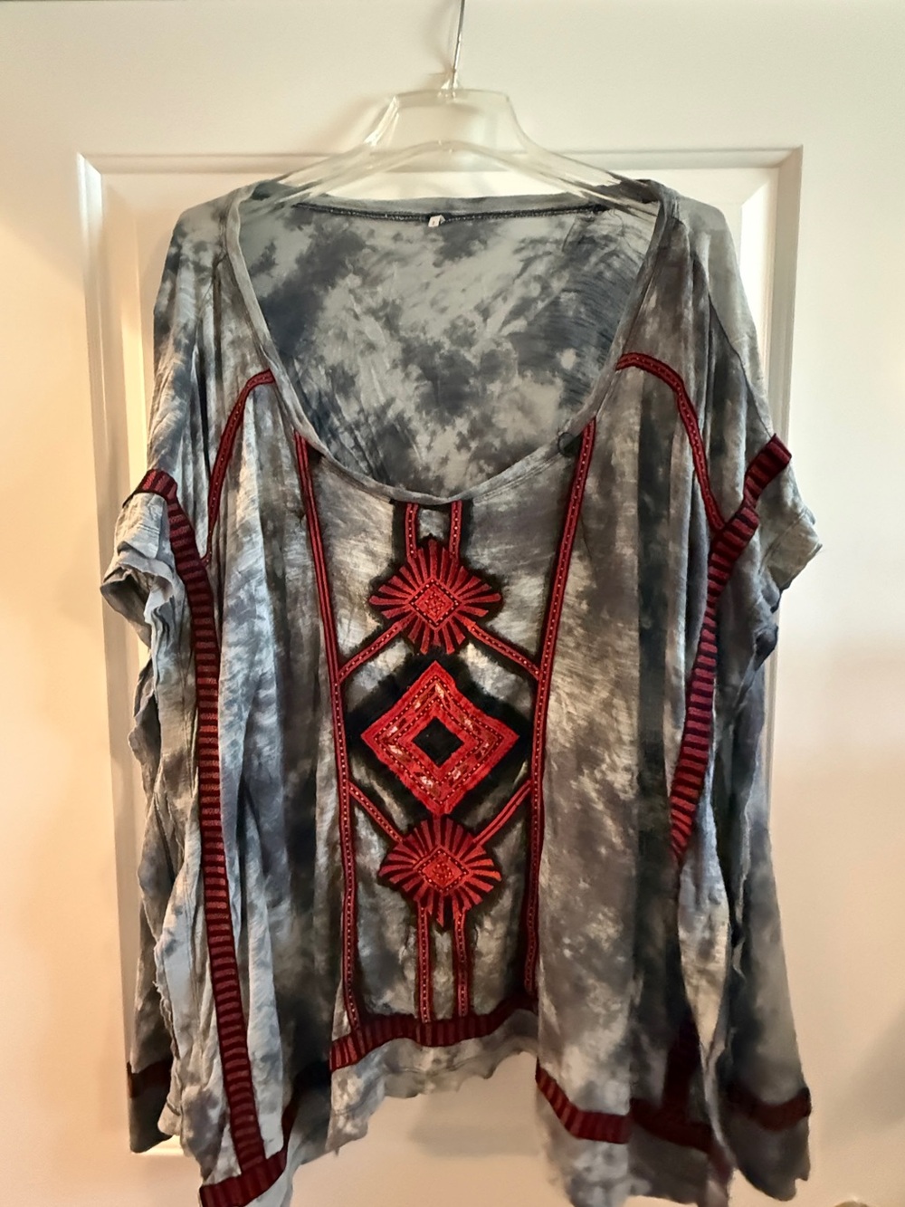 Free People Gray Tie-Dye Tunic with Red Embroidered Geometric Trim